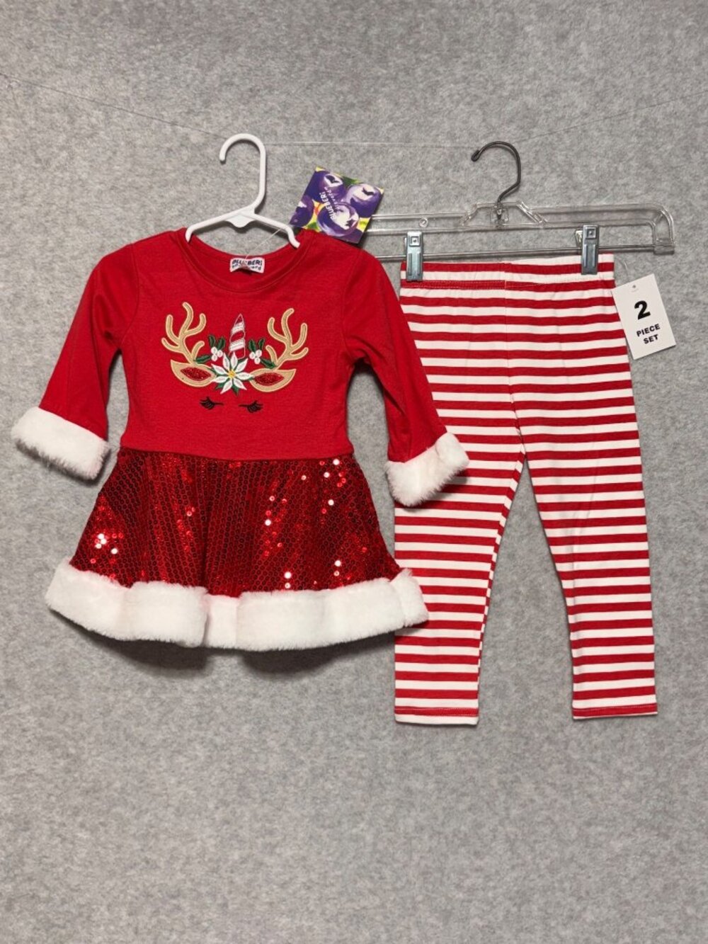 Blueberi Boulevard Girls Holiday Red 2-Piece Outfit Reindeer Dress & Striped Leg